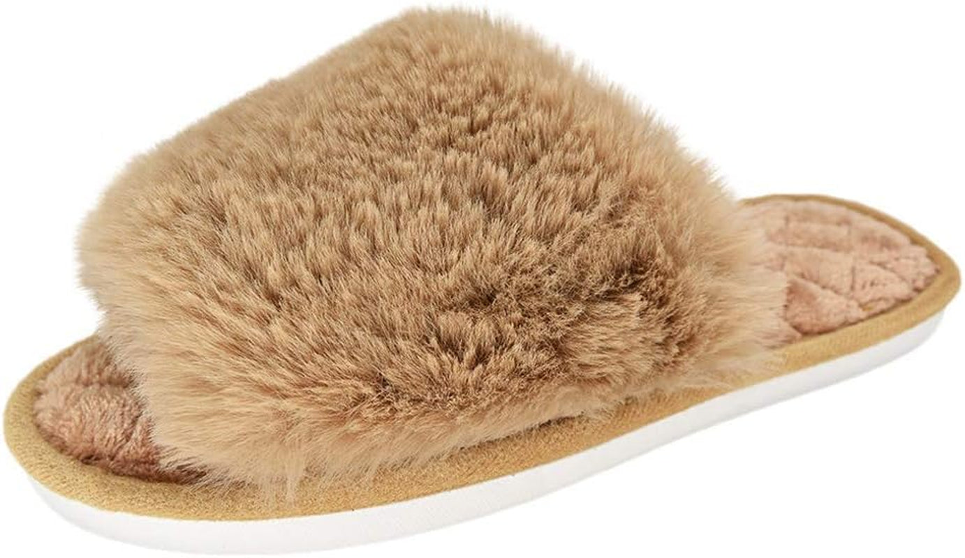 Women's Fuzzy Fur Flat Slippers Soft Open Toe House Slippers Memory Foam Sandals 