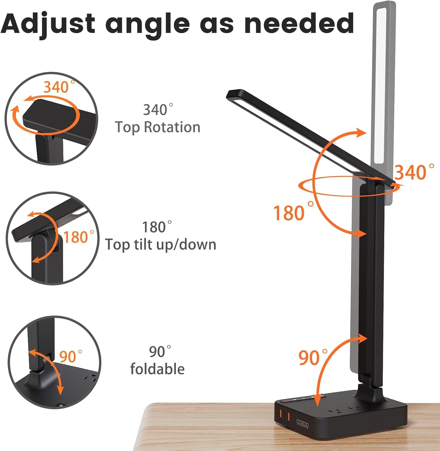 LED Desk Lamp with 3 USB Charging Ports,2 AC Outlet,3 Color Modes 3 Brightness Levels