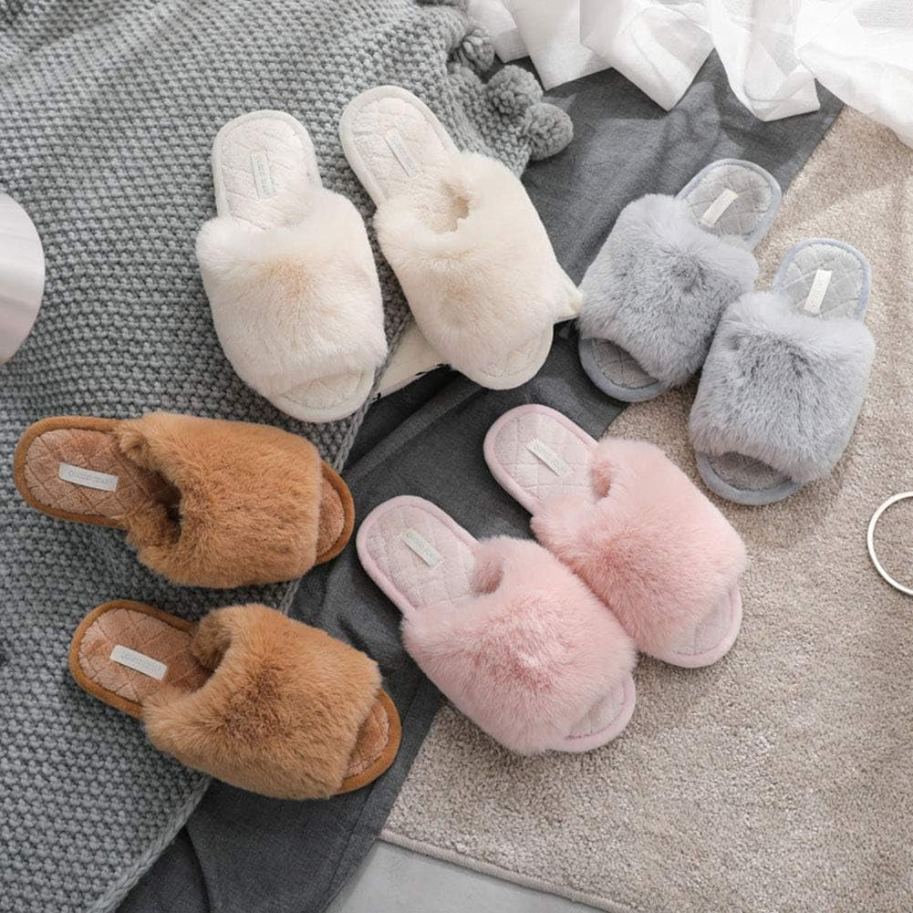 Women's Fuzzy Fur Flat Slippers Soft Open Toe House Slippers Memory Foam Sandals 