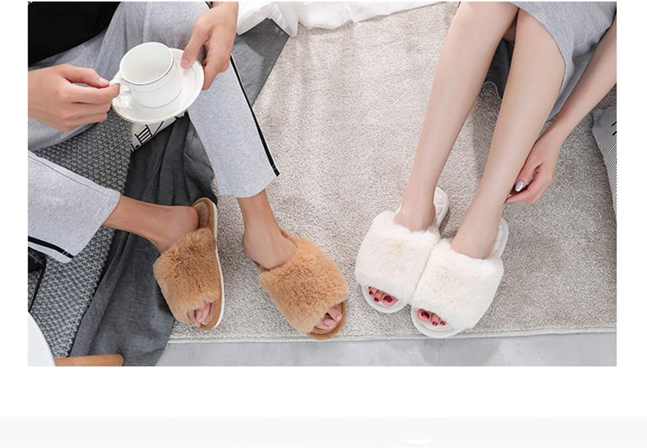 Women's Fuzzy Fur Flat Slippers Soft Open Toe House Slippers Memory Foam Sandals 