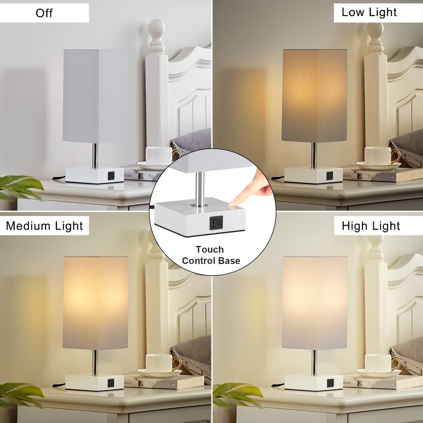 Touch Grey Table Lamp with USB Ports Beside Desk Lamp for Bedrooms Living Room, (Grey Lampshade)