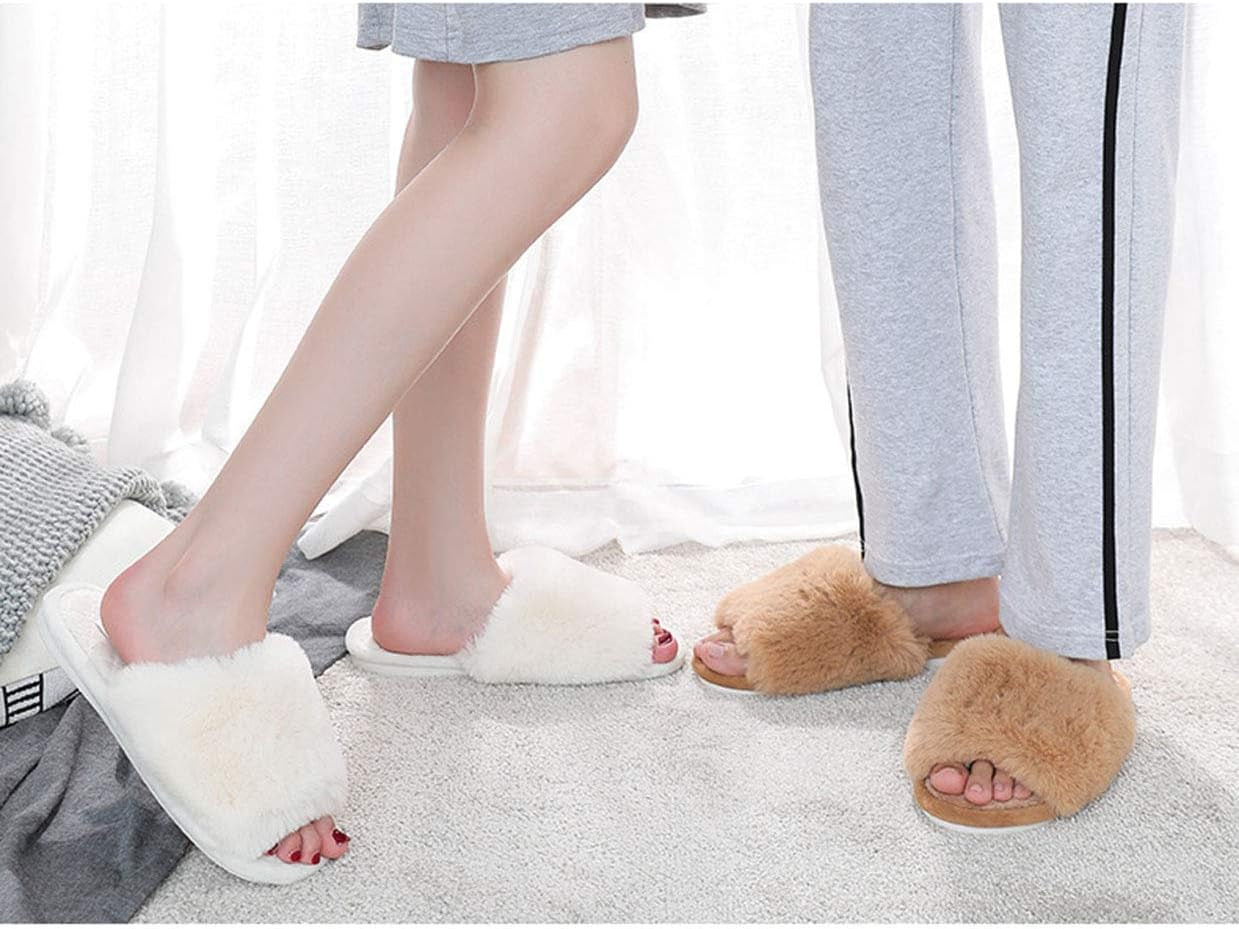 Women's Fuzzy Fur Flat Slippers Soft Open Toe House Slippers Memory Foam Sandals 