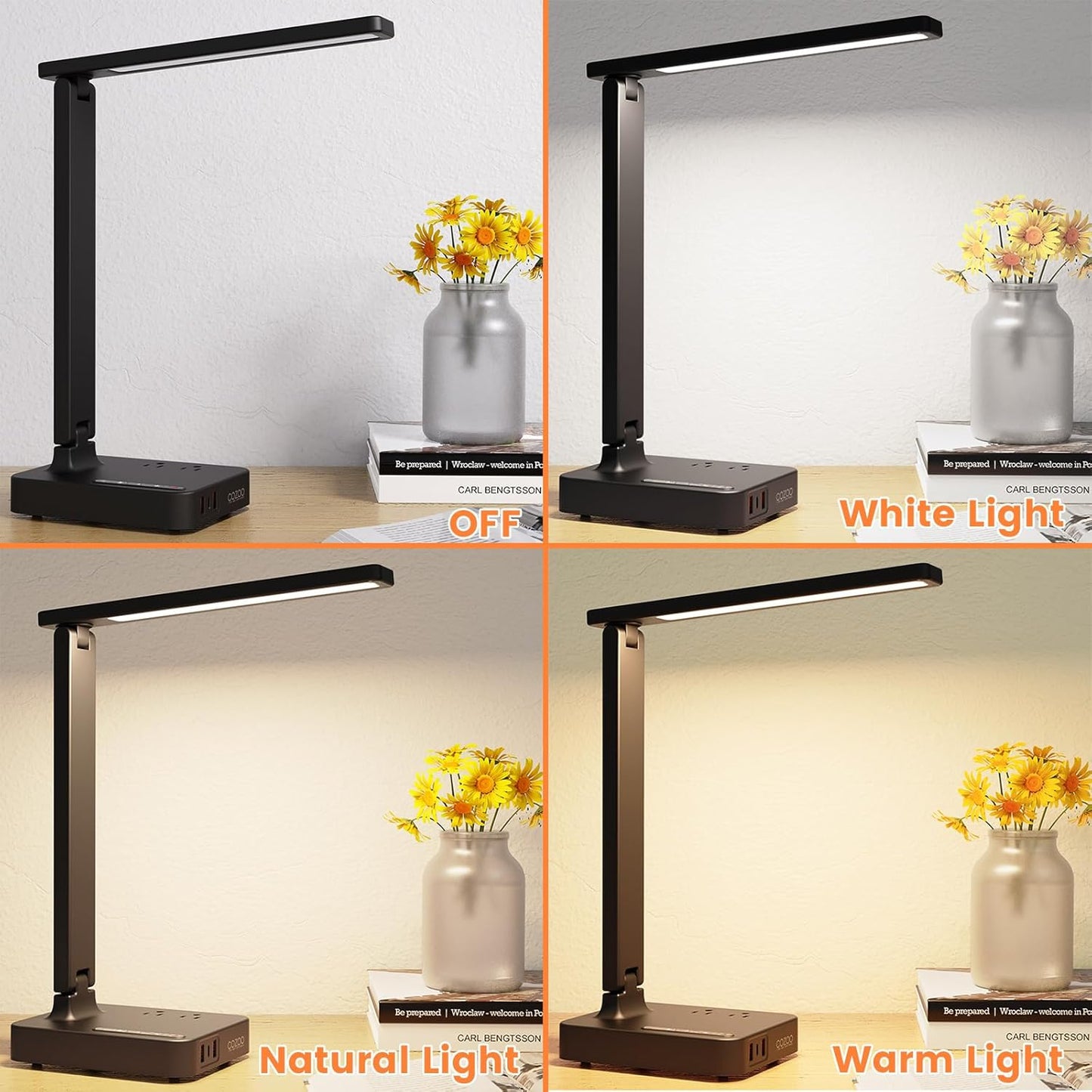 LED Desk Lamp with 3 USB Charging Ports,2 AC Outlet,3 Color Modes 3 Brightness Levels