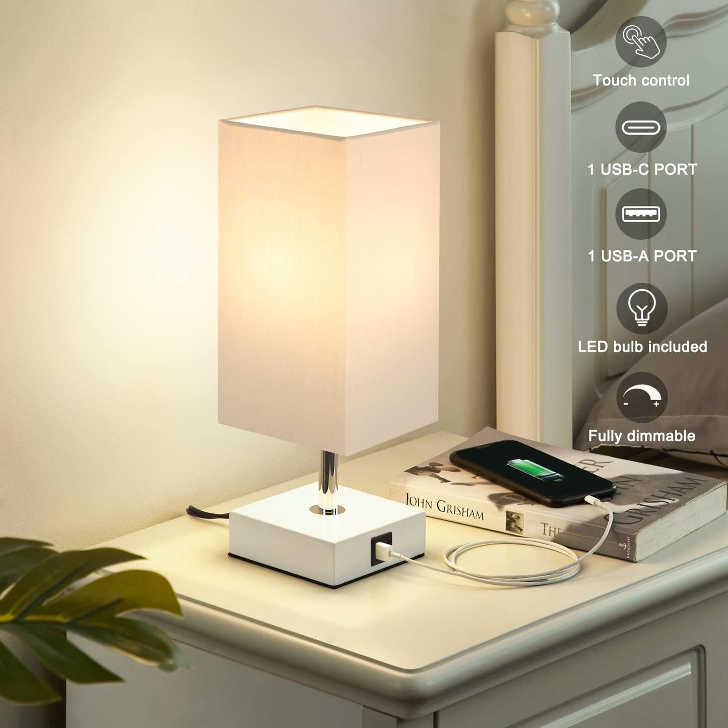 Touch Grey Table Lamp with USB Ports Beside Desk Lamp for Bedrooms Living Room, (Grey Lampshade)