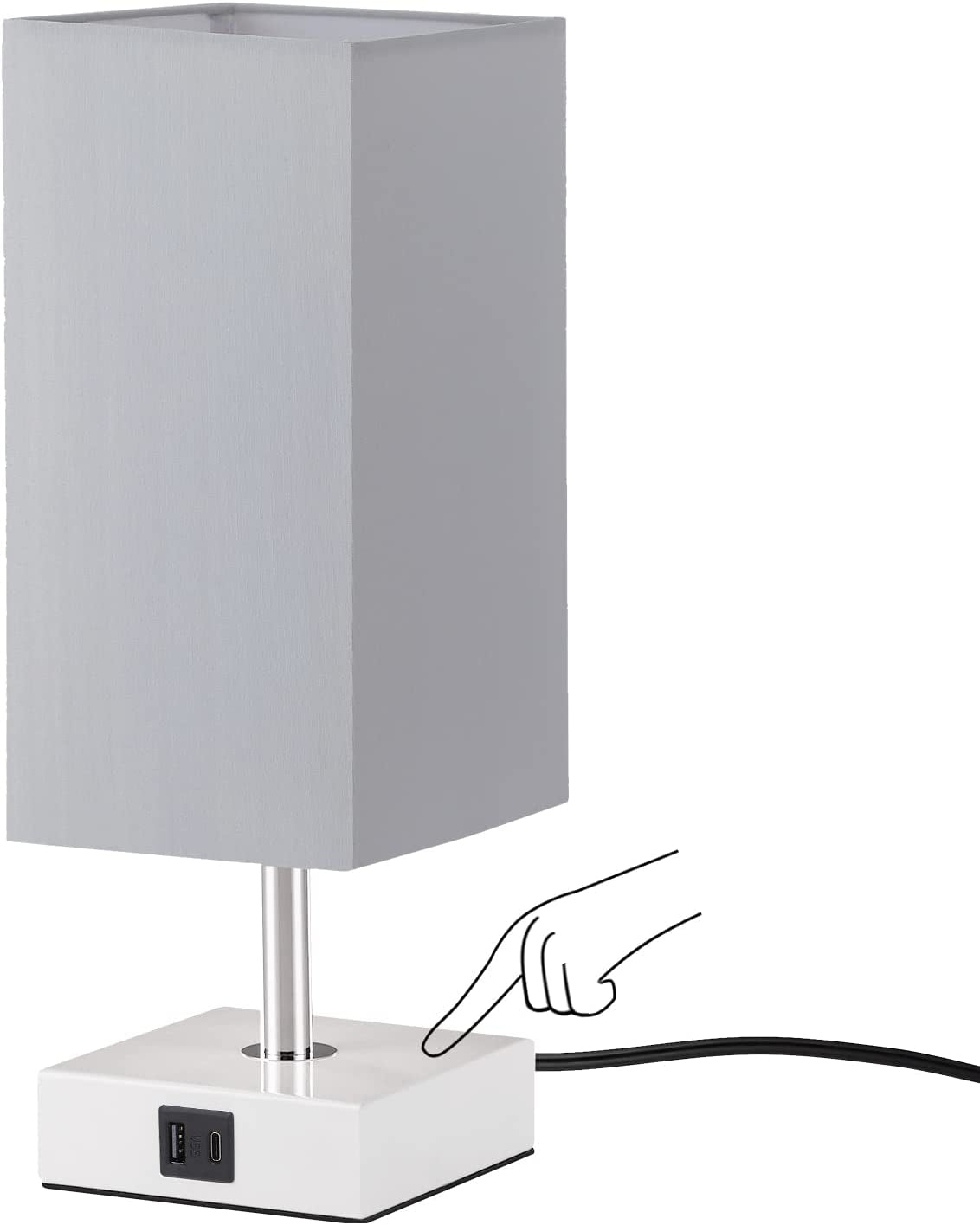 Touch Grey Table Lamp with USB Ports Beside Desk Lamp for Bedrooms Living Room, (Grey Lampshade)