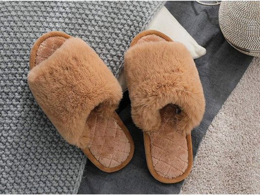 Women's Fuzzy Fur Flat Slippers Soft Open Toe House Slippers Memory Foam Sandals 