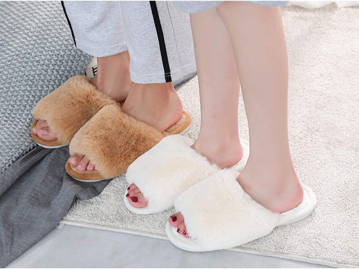 Women's Fuzzy Fur Flat Slippers Soft Open Toe House Slippers Memory Foam Sandals 