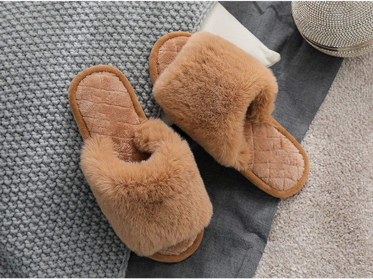 Women's Fuzzy Fur Flat Slippers Soft Open Toe House Slippers Memory Foam Sandals 